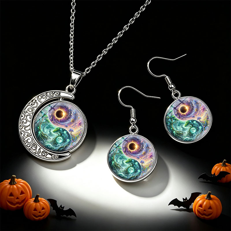 3pc Yin Yang Necklace & Earrings Set, Unisex Design